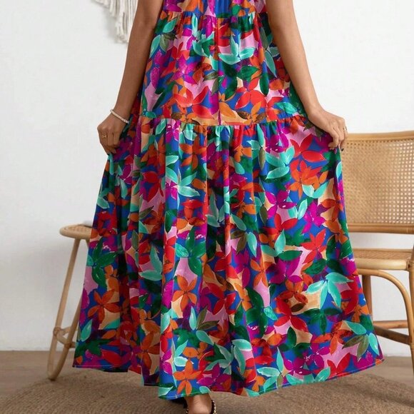 Multicolor Boho Womens Allover Floral Print Split Thigh Cami Dress - Picture 4 of 5